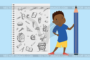 Kid schoolboy with big pencil and school - vector image