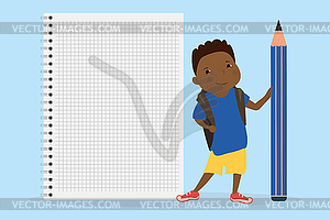 Happy african american kid schoolboy with big penci - royalty-free vector image