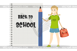 Happy caucasian kid schoolboy with big pencil and - vector clipart