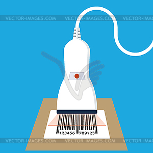 White barcode scanner, on blue background, - vector image