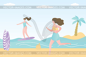 Beautiful girls on tropical beach,female - vector image