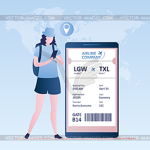 Female traveller with smartphone,online check-in, - vector image