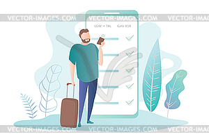 Male with suitcase and smartphone,big smartphone - vector image