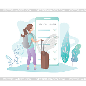 Cute Female with backpack and suitcase, big mobile - vector clip art