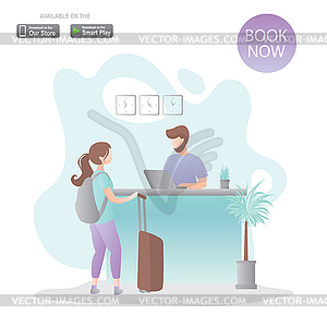 Female traveller with backpack and suitcase and mal - vector clip art