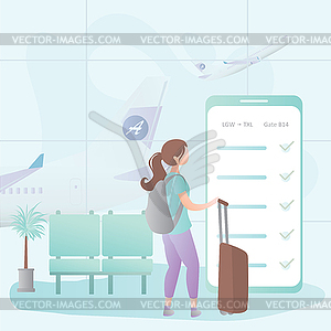 Airport interior with furniture and girl traveller - vector clipart