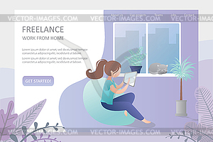 Female hipster freelancer with tablet at home or - vector clipart