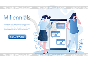 Two young girls standing with cellphones,big - vector image