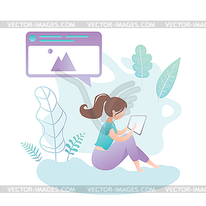 Girl with tablet pc sitting in park,female - vector clip art