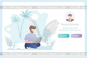 Male with laptop,freelancer working,landing page - vector clipart