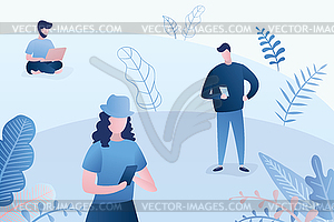 Different people with smart gadgets,park or nature - vector image