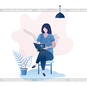 Girl sitting on chair and read book or - vector image