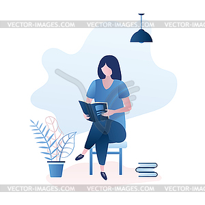 Cute girl sitting on chair and read book or - vector clipart