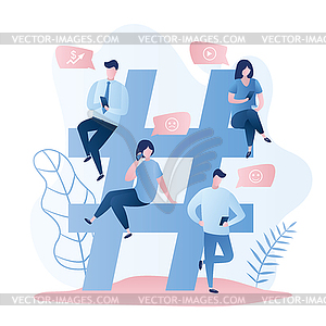 Big hashtag sign and different people with - vector clipart