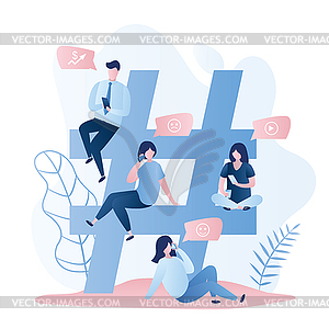 Big hashtag sign and different people with - vector image