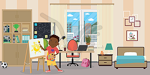 Kid room interior.African american male teen with - vector image