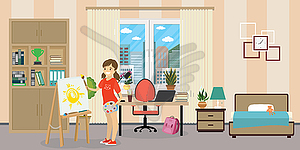 Teen room interior.Cute caucasian schoolgirl teen - vector clipart