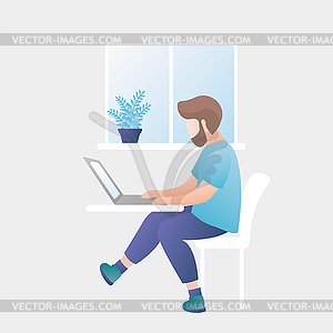 Мужчина на работе, в офисе или на домашнем рабочем месте, мужской персонаж, - векторный клипарт / векторное изображение