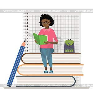 African american teen schoolgirl reads sitting on - vector clipart