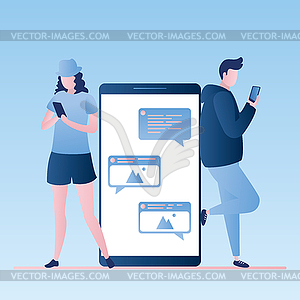 Big smartphone with speech bubble and young - vector clipart