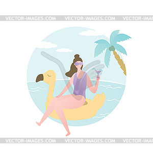 Beautiful girl with cocktail in hand swimming on - vector clip art