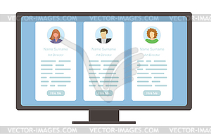 Three cv resume on monitor screen,application - vector image