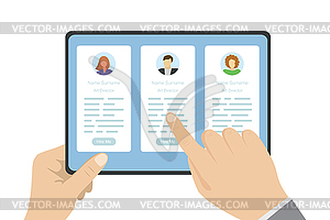 Hands holding tablet pc,three cv resume on - vector clipart