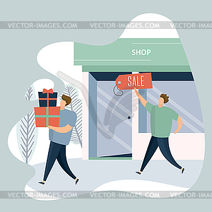 Shop storefront and two male with gifts and sale - vector image