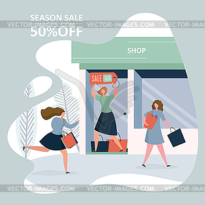 Shop storefront and different women with shopping - vector image