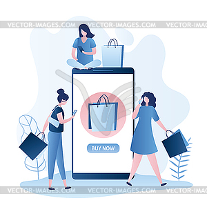 Fashion girls with shopping bags and smartphones,bi - vector clipart