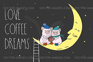 Love couple of pigs sitting on moon,animals with cu - vector image