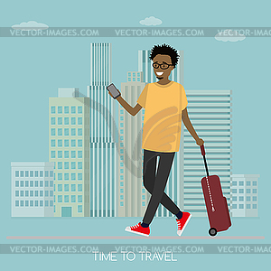 African american guy with suitcase and - vector clip art