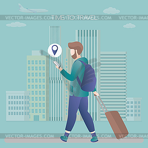 Caucasian male with suitcase and smartphone,urban - vector image