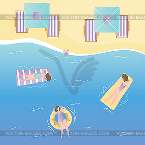 Girls on inflatable mattresses swim in sea,umbrella - vector image