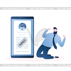 Happy businessman or employee and big smartphone - vector image