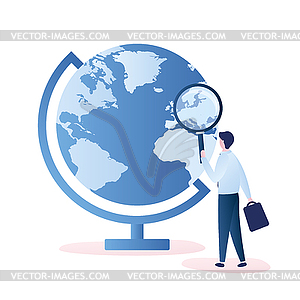 Globe and businessman with magnifying glass, - vector clip art