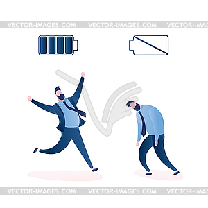 Happy strong businessman with full battery and sad - vector clipart