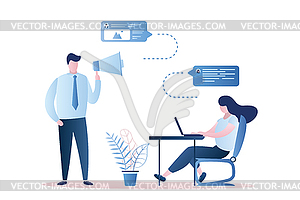 Businessman boss with megaphone and employee on - vector clip art