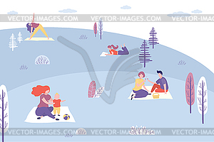 Various people and couples in park in nature, picni - royalty-free vector clipart