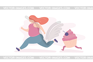 Unhappy fat girl runs away of big cupcake, problem - vector clipart