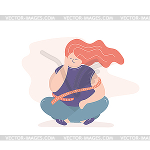 Несчастная толстая женщина с измерительной лентой, весом - векторное изображение клипарта