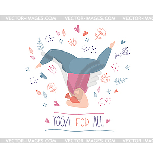 Happy fat woman in yoga asana pose, weight - vector clipart