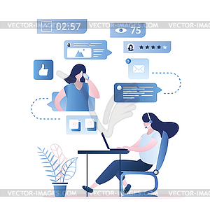 Girl assistant with headset on workplace, Online - vector image