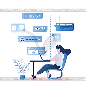 Онлайн-поддержка и обратная связь, женщина-консультант - векторный графический клипарт