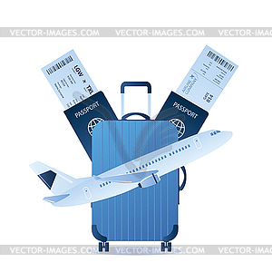 Большой чемодан и два паспорта с посадочным талоном - векторный рисунок