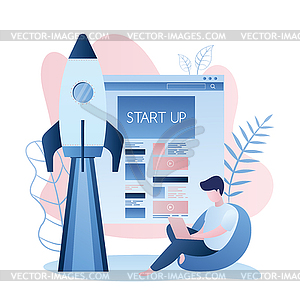 Web page template and rocket take off,Startup - vector image