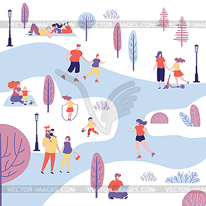 Different people in park,human characters active - vector image