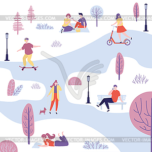 Different people in park,human characters active - vector image