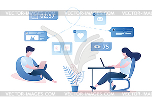 Люди, общающиеся в социальной сети, мужчины и женщины - иллюстрация в векторе