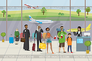 Queue of people travelers with luggage to check in - vector image